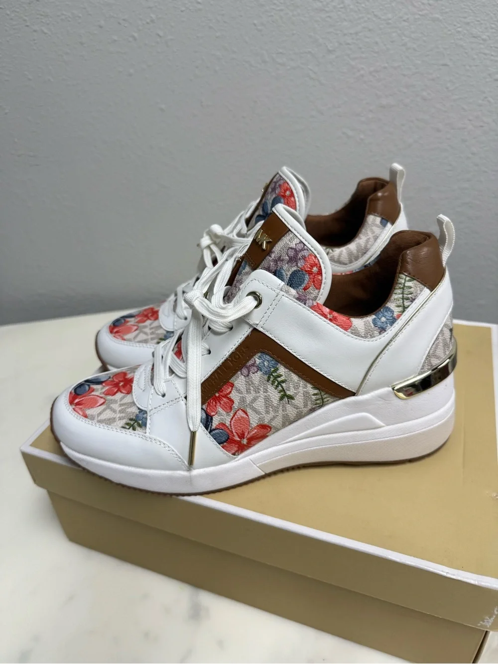 Michael Kors Georgie Trainer White Floral Wedge Sneakers with Brown Accents